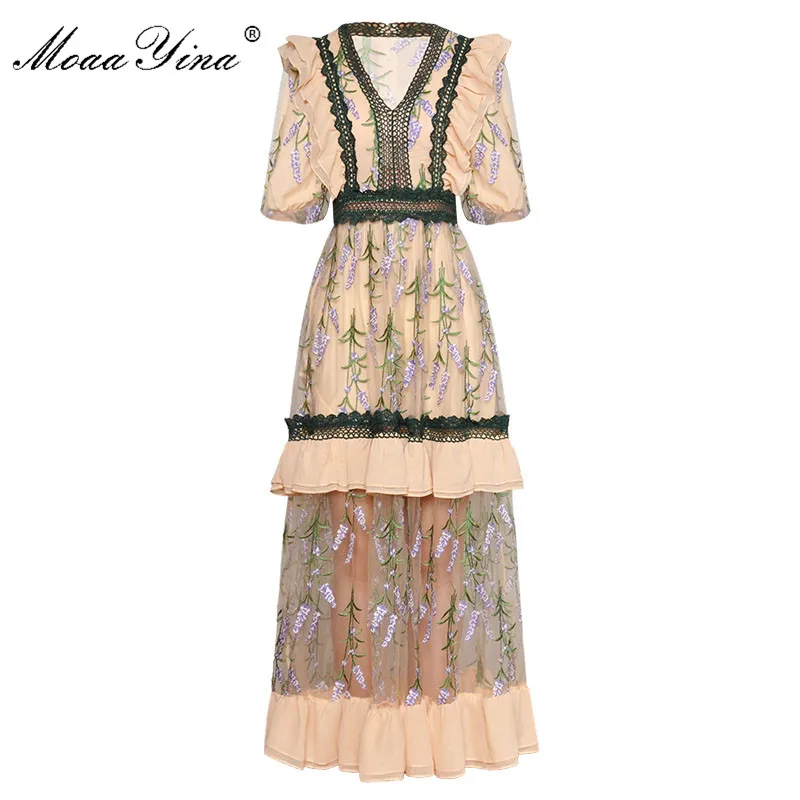 

MoaaYina Fashion Designer Runway dress Spring Summer Women's Dress V-neck Ruffles Mesh Floral Embroidery Dresses