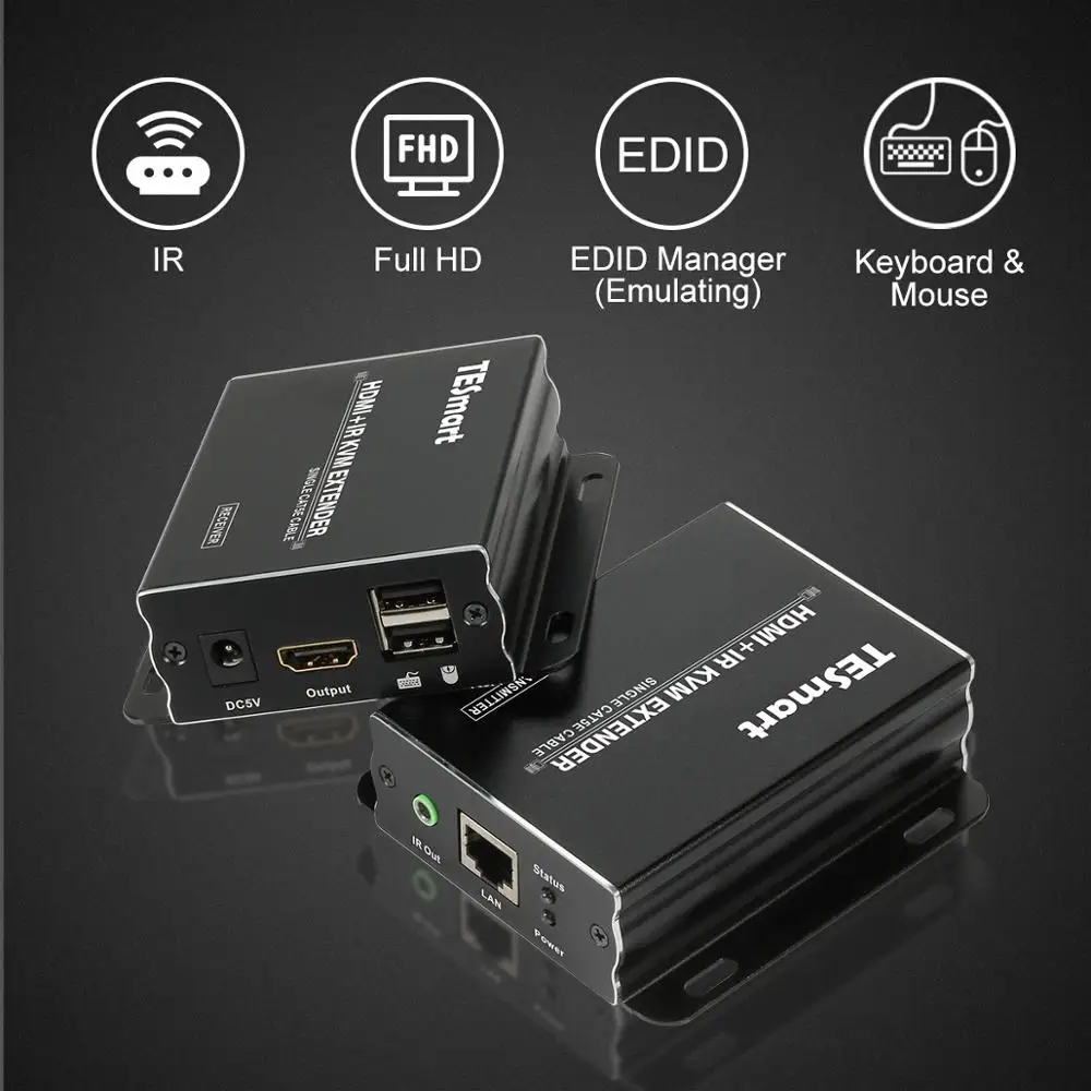 KVM HDMI удлинитель 60m USB IR CAT5e/6 (1 TX + 1 RX) поддержка клавиатуры и мыши RU IML доставка на