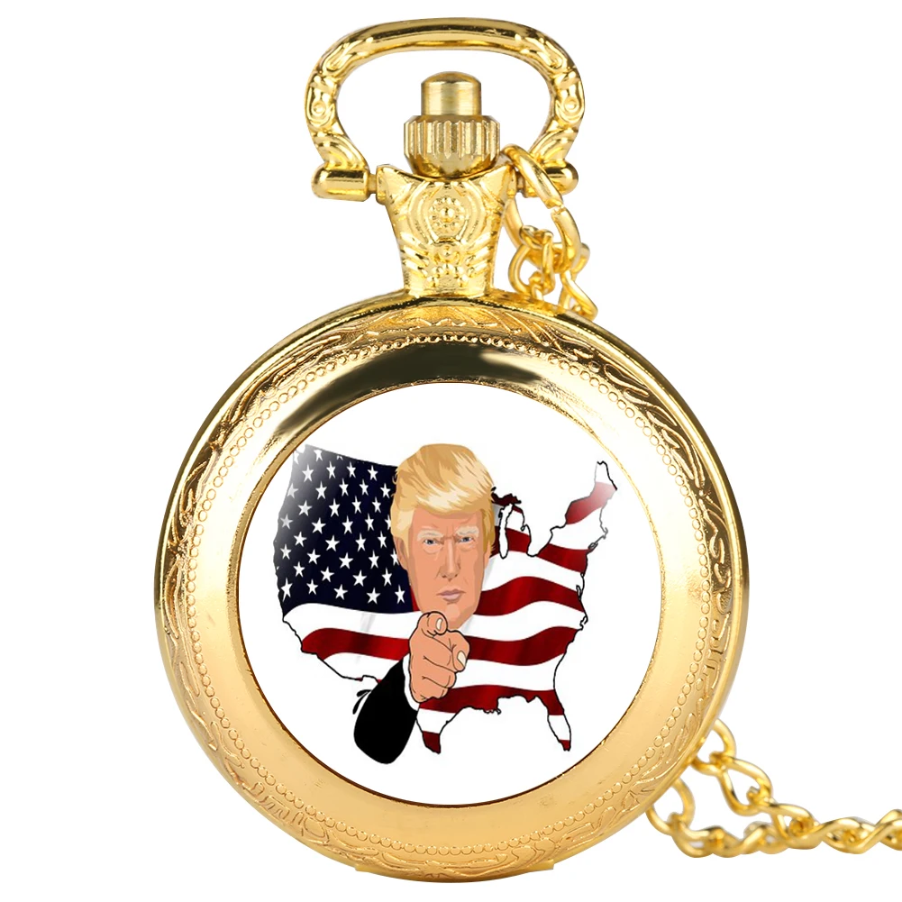 Трамп президент тема карманные часы кварцевые флаги США с Трампом ожерелье цепь кулон часы подарок для поклонников унисекс Relgio