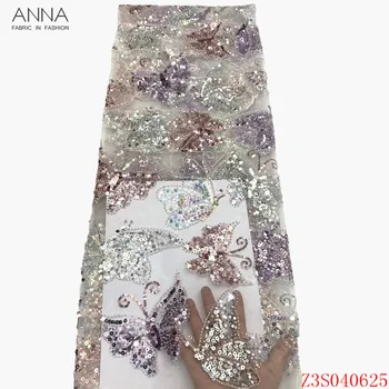 

Anna african tulle lace fabric 2020 high quality butterfly embroidery design 5 yards/pcs french sequins laces fabrics for sewing