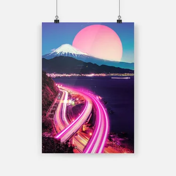 

Neon City Synthwave Vaporwave Poster Framed Canvas Painting Wall Art Decor Living Room Study Home Wooden Frame Decoration Prints