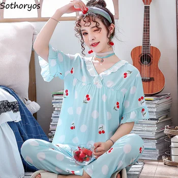 

Pajama Sets Women Short Sleeve Kawaii Printed Breathable Womens Pajamas Summer New Fashion Korean Style V-neck Home Clothes Chic