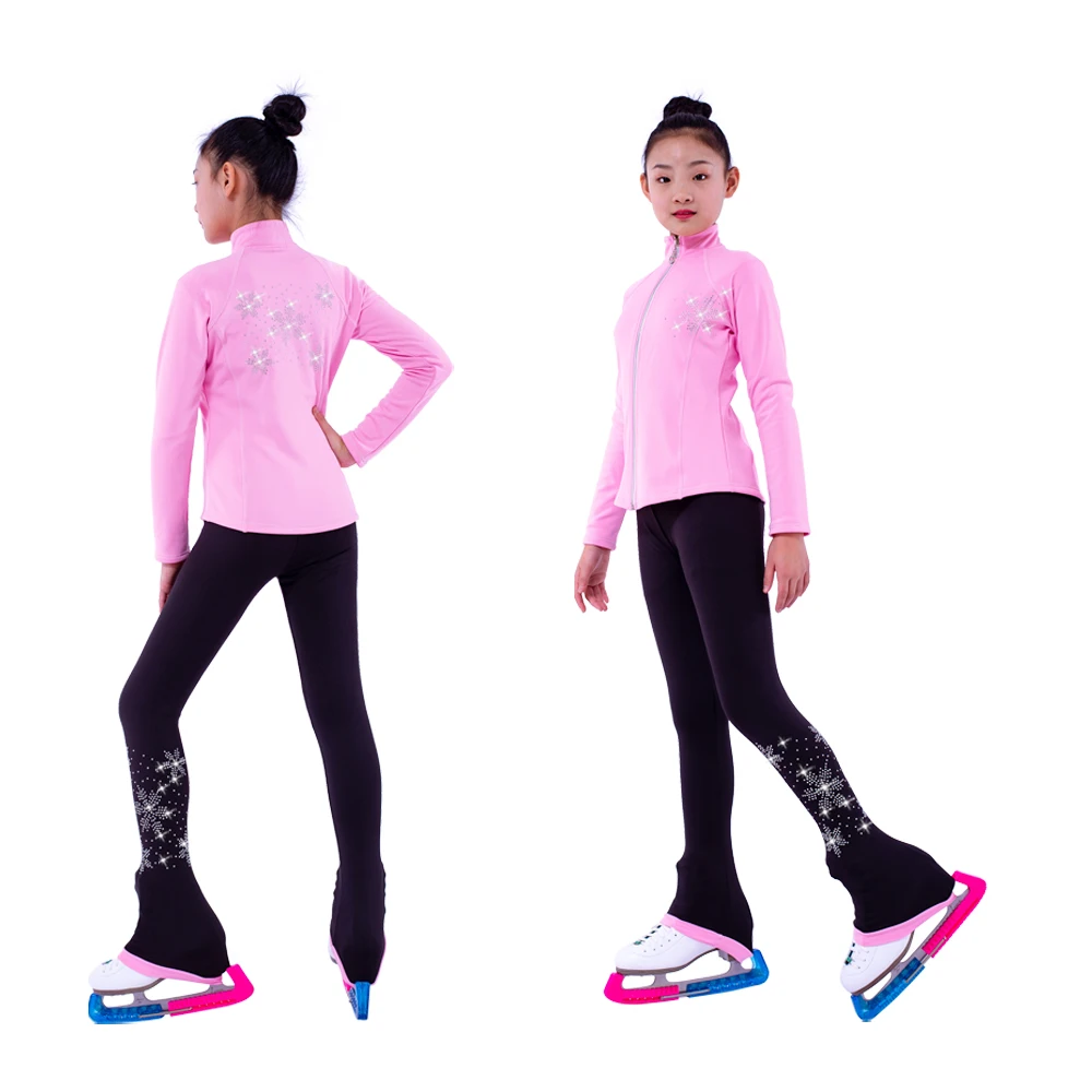 New Ice Figure Skating Jacket Pants Women Girl Trousers Top Black Teens Children Kids Colored Blue Rhinestones Training