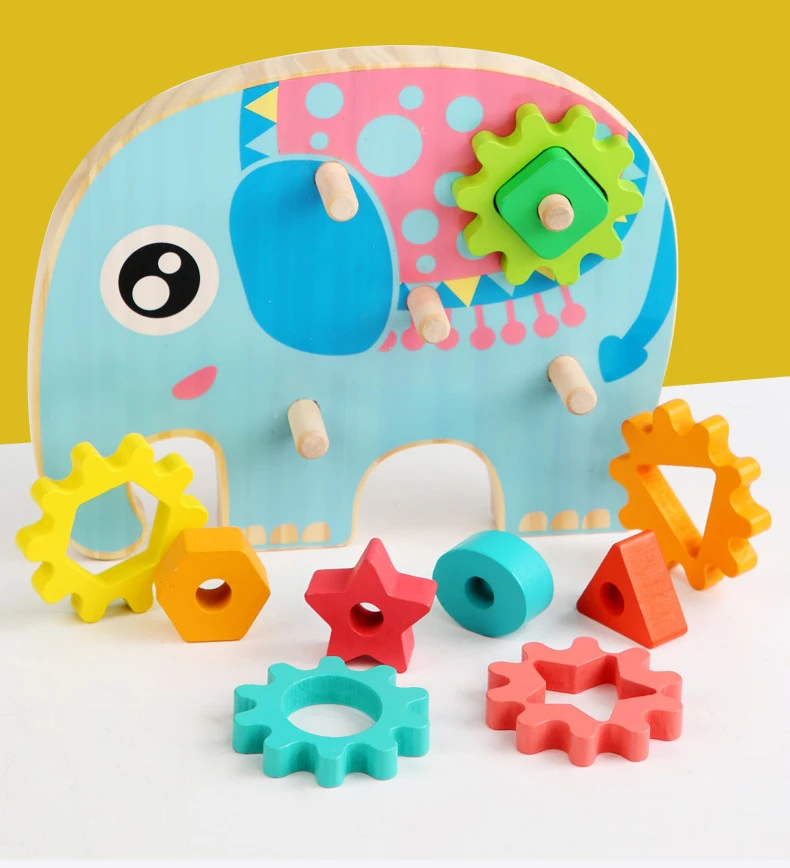 Children's Educational Toy Geometric Shape Matching and Inserting Column Wooden Building Blocks Gear Set Early Learning Toys