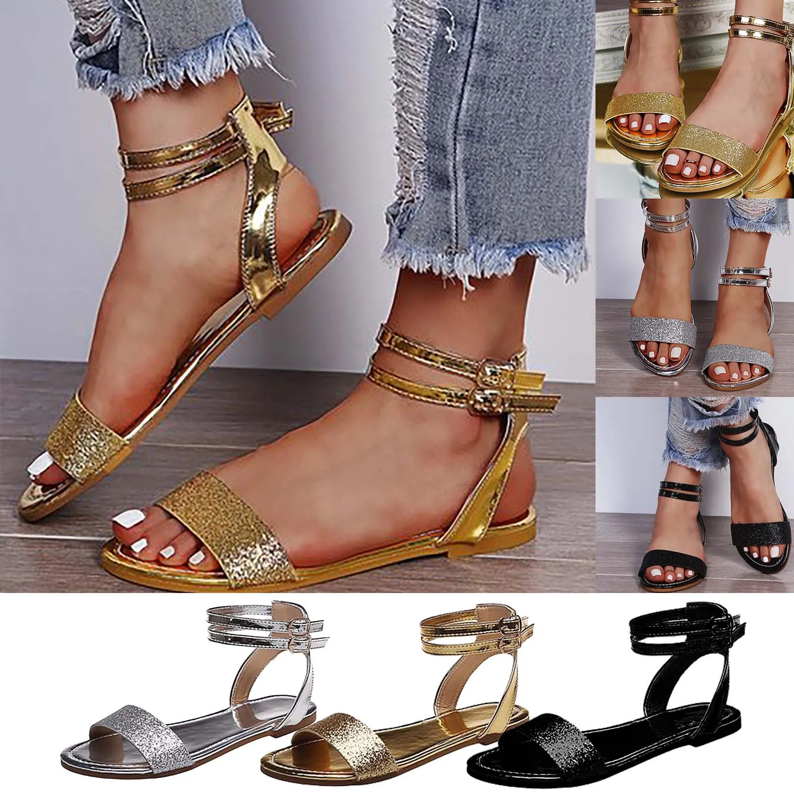 Sandals Women 2021 Fashion Sequins Open Toe Flats Solid Color Sandals