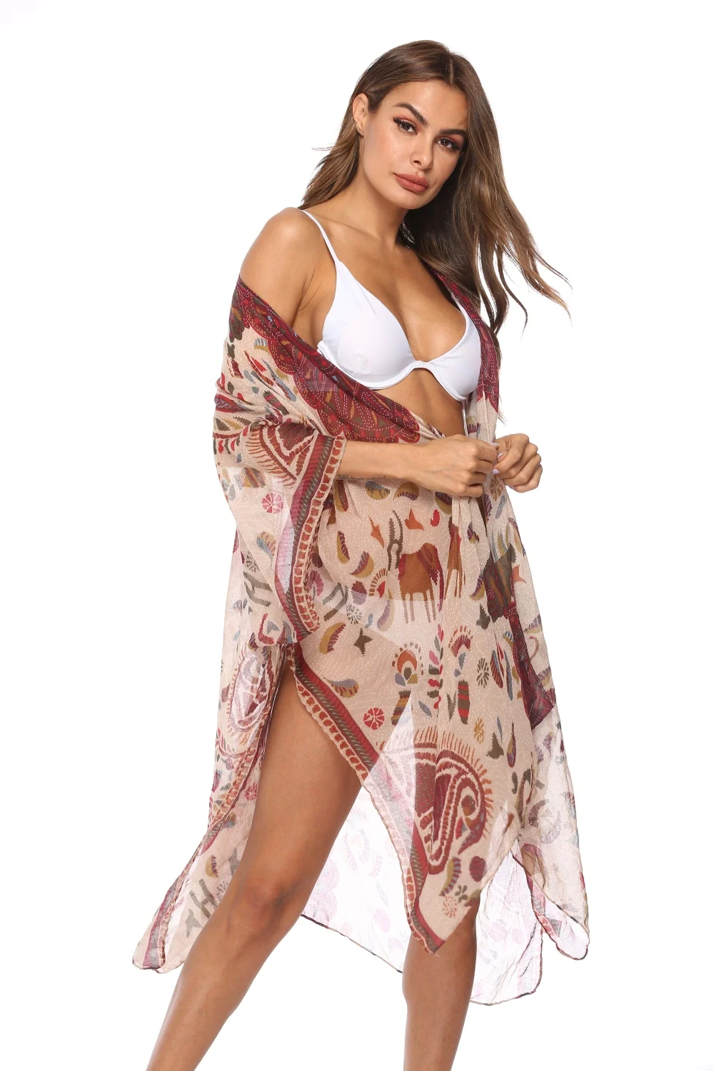 Кимоно кардиган для женщин цветочный принт богемный шифон кисточкой Длинные Топы летние пляжные бикини накидка прозрачная пляжная одежда платье - Цвет: 3