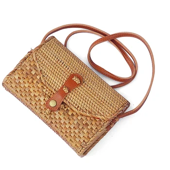 

AUAU-Handmade Rattan Long Tube Handbags Women Summer Flap Leather Buckle Messenger Shoulder Bags Ladies Small Straw Bags