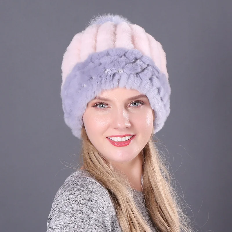 

Winter Russian Natural Rex Rabbit Fur Hat Women Elasitc Warm Soft Handmade Knitted Real Fur Caps Fox Fur Pompoms Beanies Hats