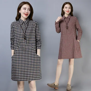 

2020 Plaid Dress Women's New Style Large Size Dress Mid-length Spring and Autumn Korean-style Feminine Long Sleeve Skirt