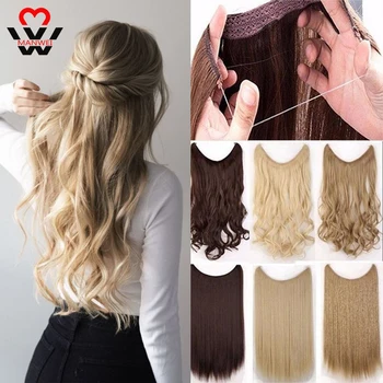 

MANWEI Women Invisible Wire No Clips in Fish Line Hair Extensions Straight Wavy Long Heat Resistant Synthetic Hairpiece