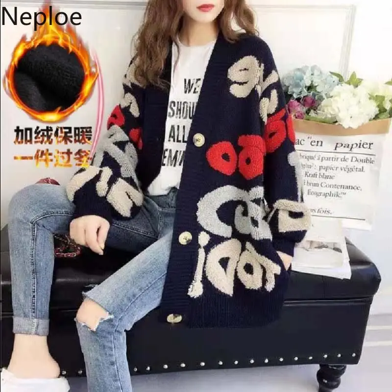 navy blue Plus velve Neploe Harajuku стиль свободные кардиганы свитер женский Осень Apring V образным вырезом с длинным рукавом вязаный принт Кнопка Pull Femme пальто 47488 - Цвет: navy blue Plus velve