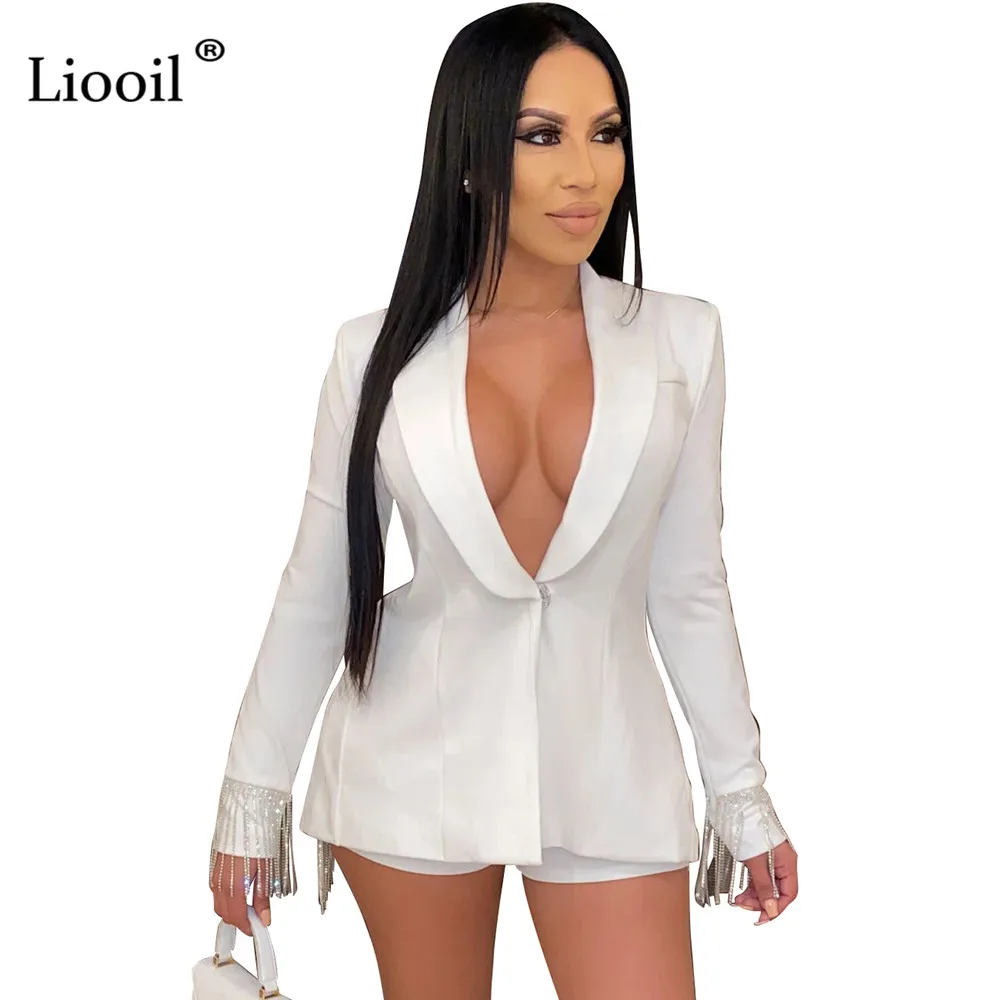 Liooil, с разрезом сзади, с кисточками, комплект из двух частей, для ночного клуба, вечерние наряды для женщин,, с длинным рукавом, v-образный вырез, сексуальные Пиджаки и шорты, костюм, наборы