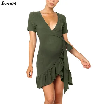 

bunvel Summer Short Sleeve Wrap Dresses Womens Clothing Plus Size Ruffle Casual Maternity Dress With Belt Pregnancy Clothes 2020