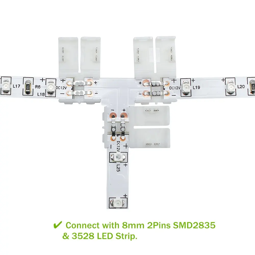 10pcs/Pack T Shape Solderless Snap Down 2Pin Conductor LED Strip Connector for Quick Splitter Connection of 8mm Wide 3528 2835 S