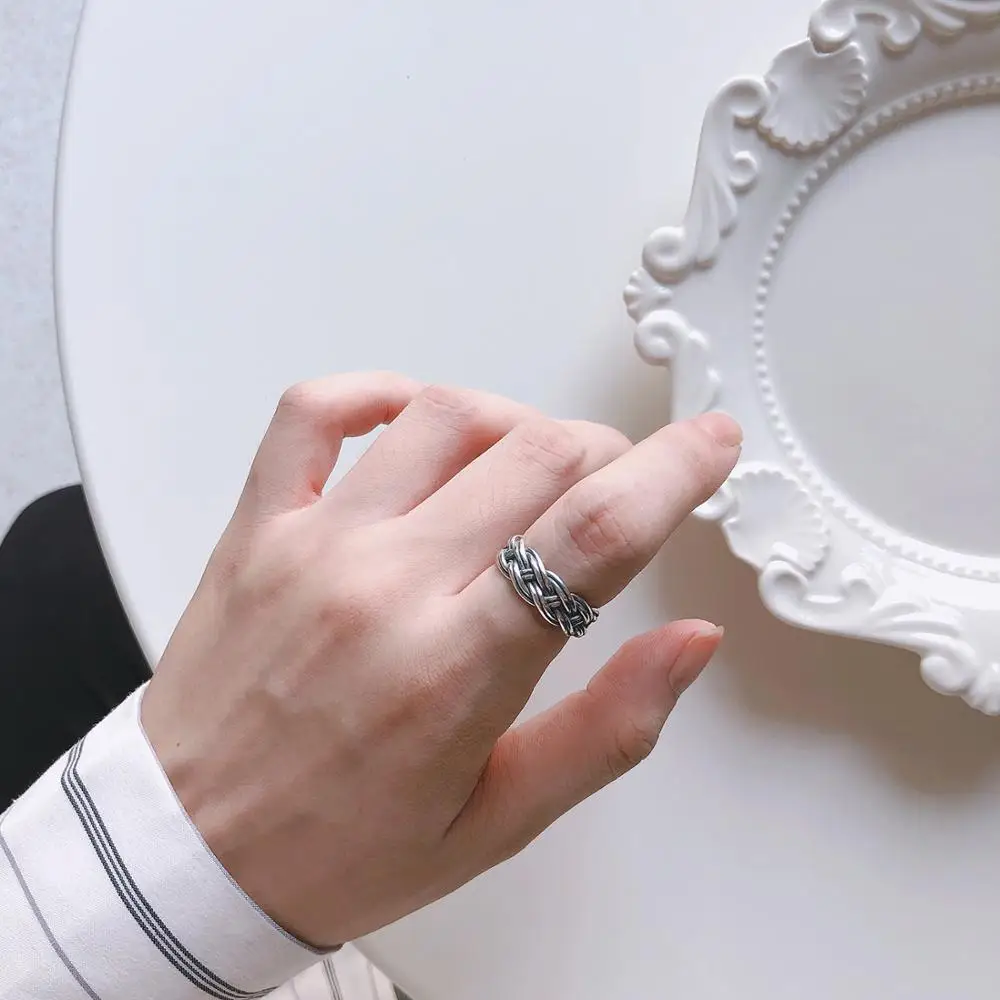 

INS Retro Vintage Authentic S925 Sterling Silver FINE Jewelry Twisted Weave Band ring adjust TLJ742