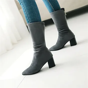 

YMECHIC 2018 Womens Pleated Flock Pointed Toe Mid Calf Chunky High Heels Boots Female Gray Black Big Size Ladies Winter Shoes