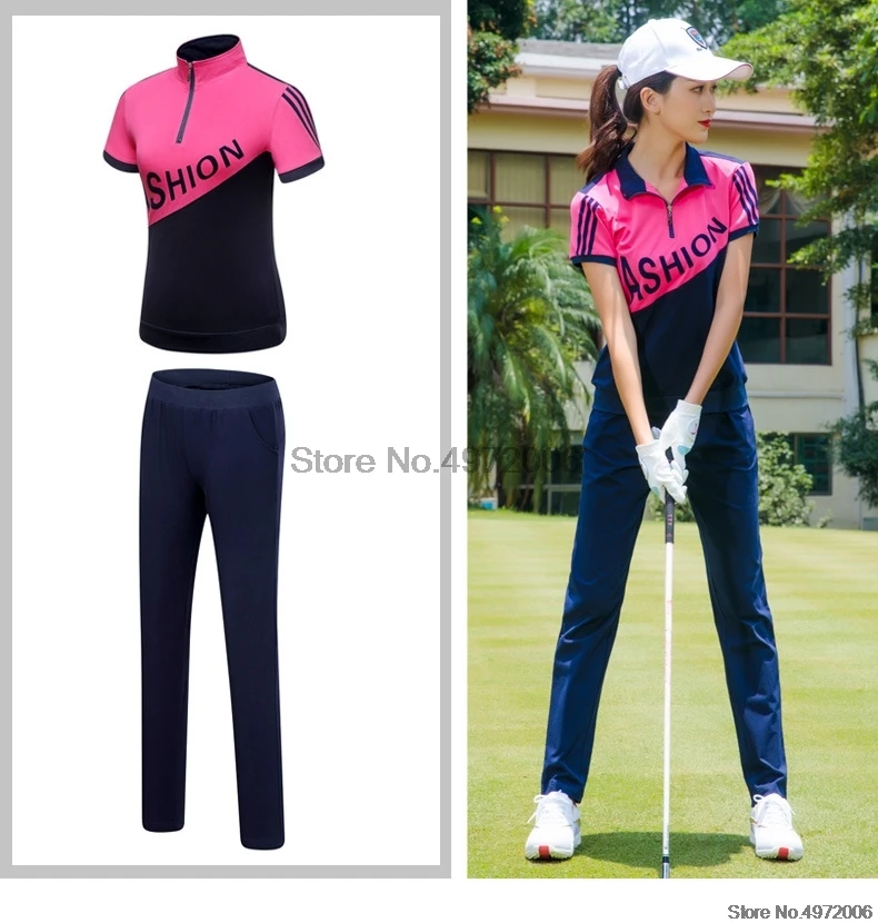 Женские комплекты одежды для гольфа, футболка с коротким рукавом на молнии, длинные тонкие штаны, спортивные костюмы, штаны для гольфа, одежда D0683