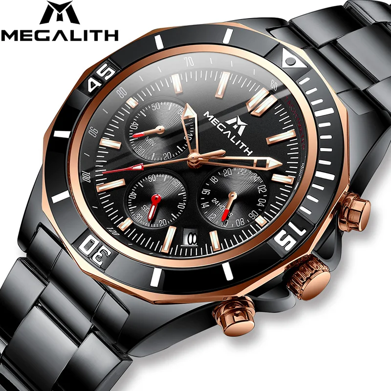 

MEGALITH Men Watches Top Brand Luxury Stainless Steel Band Quartz Watch For Men Business Wristwatch Chronograph Timer Clock 8206