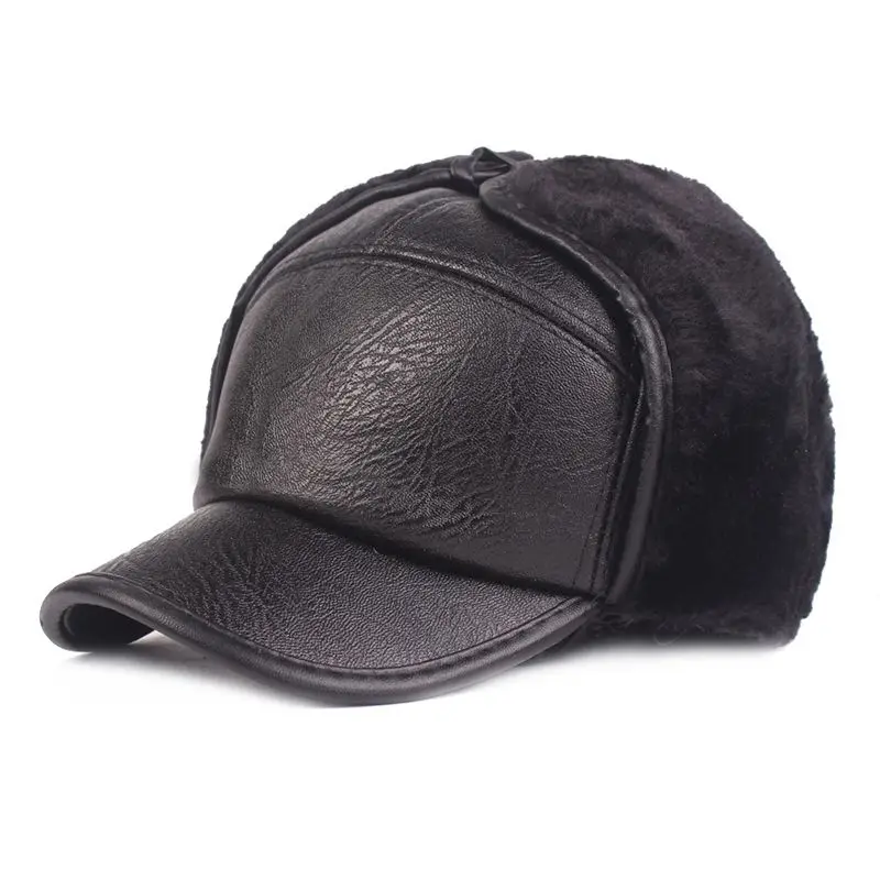 B Leather Cap Men's Earmuffs Winter Leather Hat Warm Plus Velvet Ear Protector Cap Locomotive Middle-Aged Lei Feng Hat - Color: B