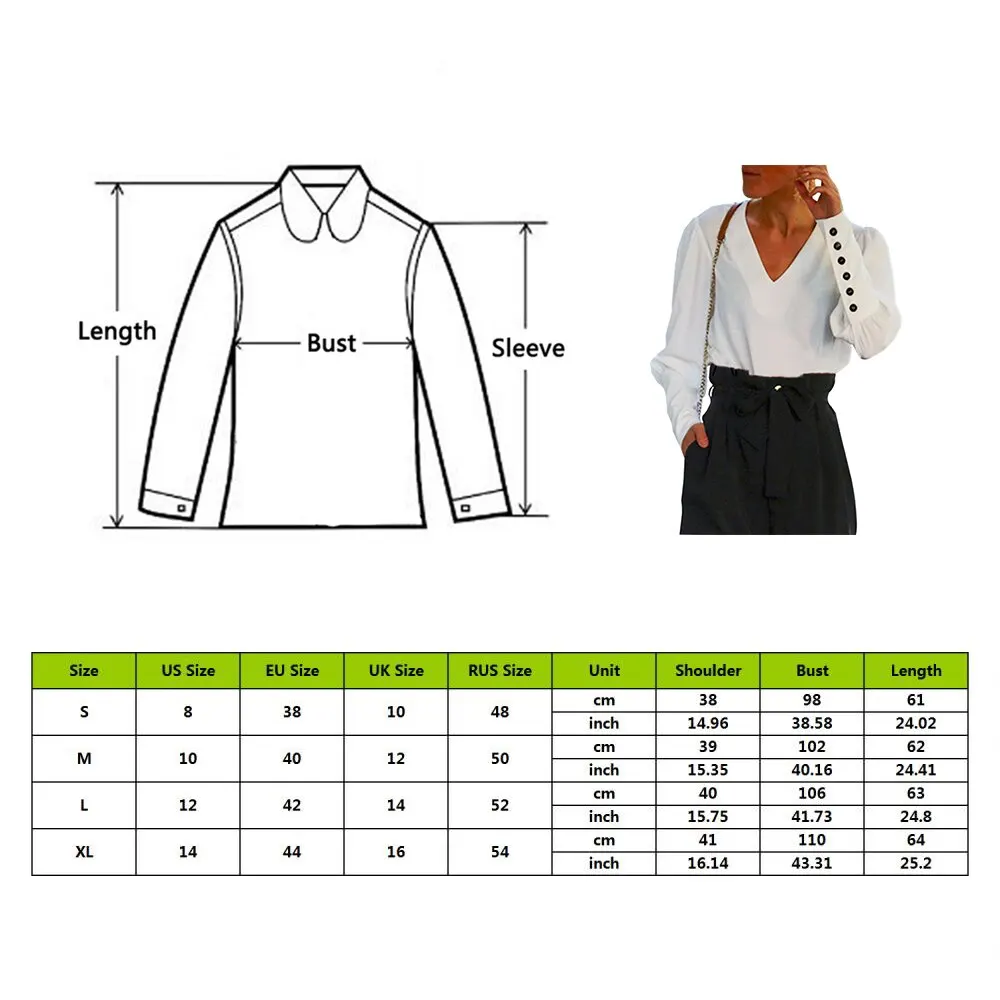 OEAK, Женская офисная блузка с буфами на рукавах, рубашка на пуговицах, белый v-образный вырез, топы, осенняя уличная одежда, Blusas, женские рубашки