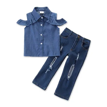 

Children Clothing Suit Summer Kids Clothes for Girls jeans Set 7 Years old 2 Piece Shirt+Hole Denim Pants Baby Girl Clothes D30