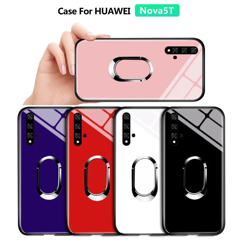 

For Huawei Nova 2 2S 3 4 5 5T 5 Pro 3e 4e Luxury Magnetic Ring Holder Case Tempered Glass Casing Phone Back Shockproof Cover