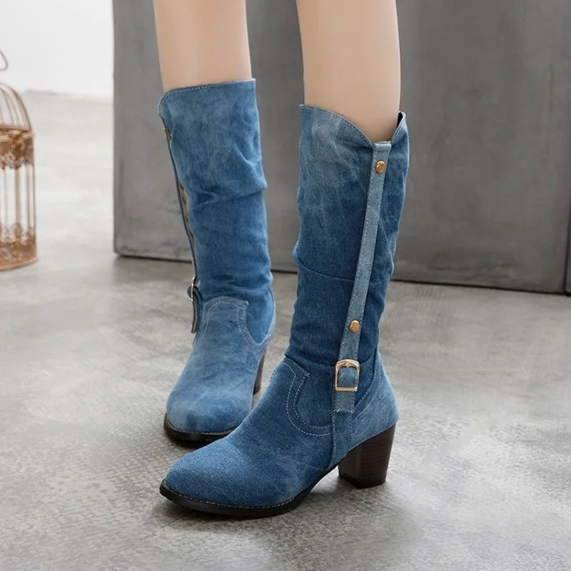 

US4-13 Womens Denim Jeans Belt Buckle Mid Calf Boots Block Chunky Heel Motorcycle Shoes Warm Winter 3Colors Plus Size C853