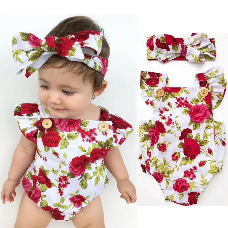 Милая Одежда для новорожденных девочек в американском стиле комбинезон с цветочным рисунком+ повязка на голову комплект из 2 предметов для детей 0-24 месяцев