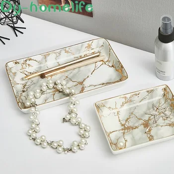

Ceramic Tray Gold-drawing Marble Pattern Storage Tray Multifunctional Jewelry Cosmetics Household Bathroom Supplies Storage Tray
