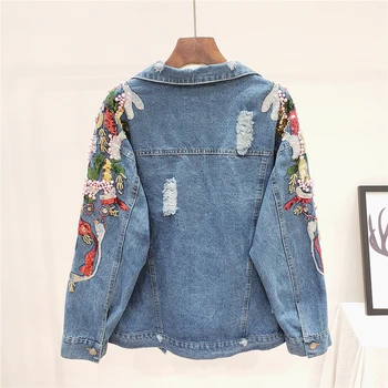 

Harajuku Blue Denim jacket Beaded Sequins Broken Hole Jacket Women Spring Ropa de mujer Loose Plus size Jeans jacket Streetwear