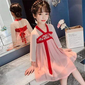 

Baby Girl Summer Hanfu Dress For Kids Fairy Princess Performance Traditional Oriental Chinese Folk Dance Costume Chiffon Pleated