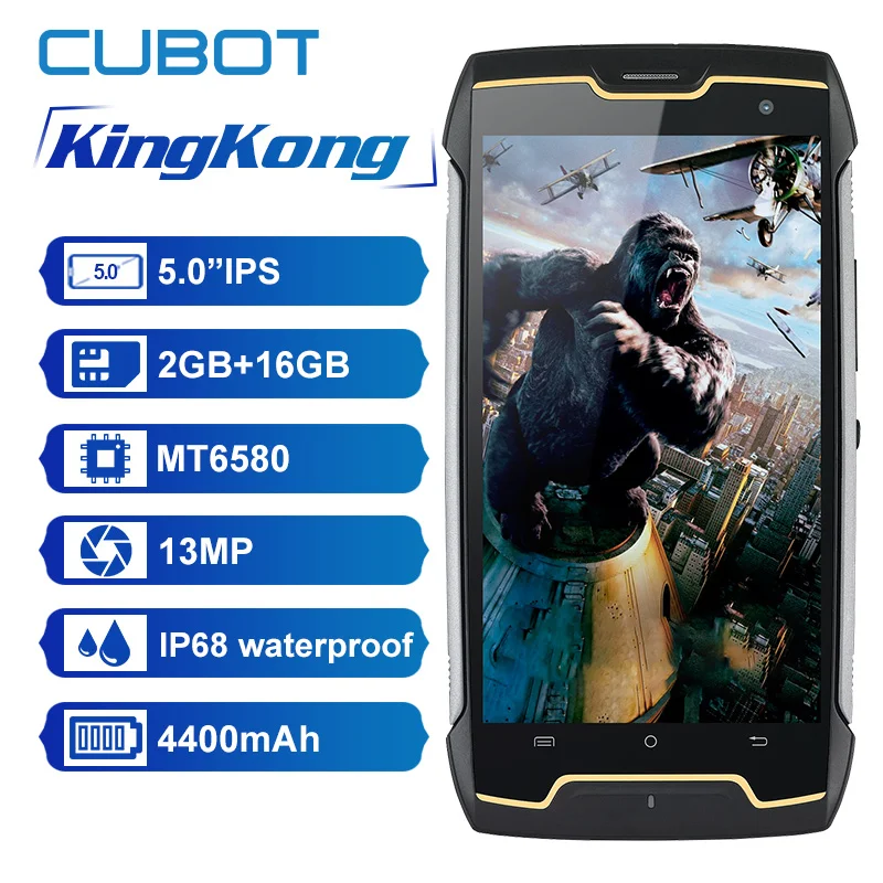 

Original Cubot KingKong IP68 Waterproof Smartphone Dustproof Shockproof Cellular MT6580 Quad Core 5.0 Inch HD 2GB 16GB 4400mAh