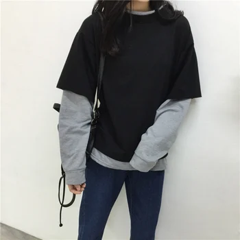 

Hoodies Sexy Clothes Spring Autumn Without Cap Long-sleeved Fake Two-piece Tops Women Top With Long Sleeves Hot