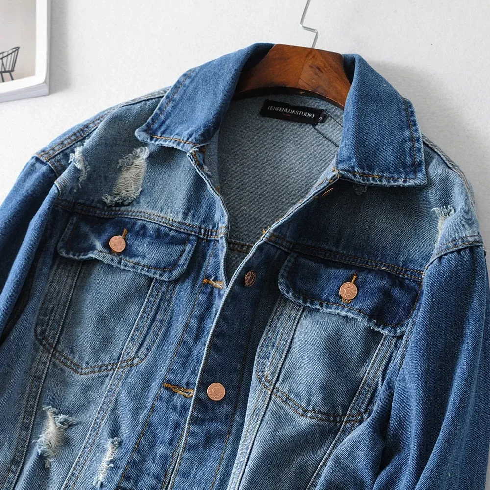 

Europe And America Perforated Hole Decoration 2019 Autumn Long Sleeve Fold-down Collar Loose Women's WOMEN'S Denim Jacket