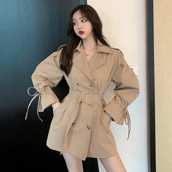

Ailegogo New Autumn Women Fashion Casual Double Breasted Belt Slim Fit Long Trench Coat Female OL Turn Down Collar Outwear Tops
