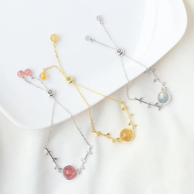 Charm Strawberry Crystal Leaves Branches Bracelets for Women Sweet S925 Sterling Silver Moonstone Bracelets Jewelry Gifts
