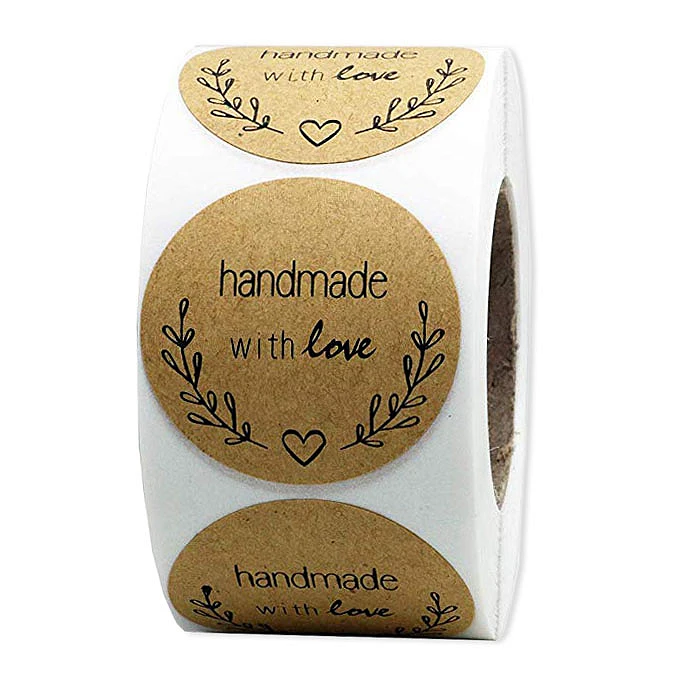 

Kraft Round Handmade with Love Stickers Labels Scrapbooking Stickers Package Stationery Sticker 1inch 500 Labels/roll Natural