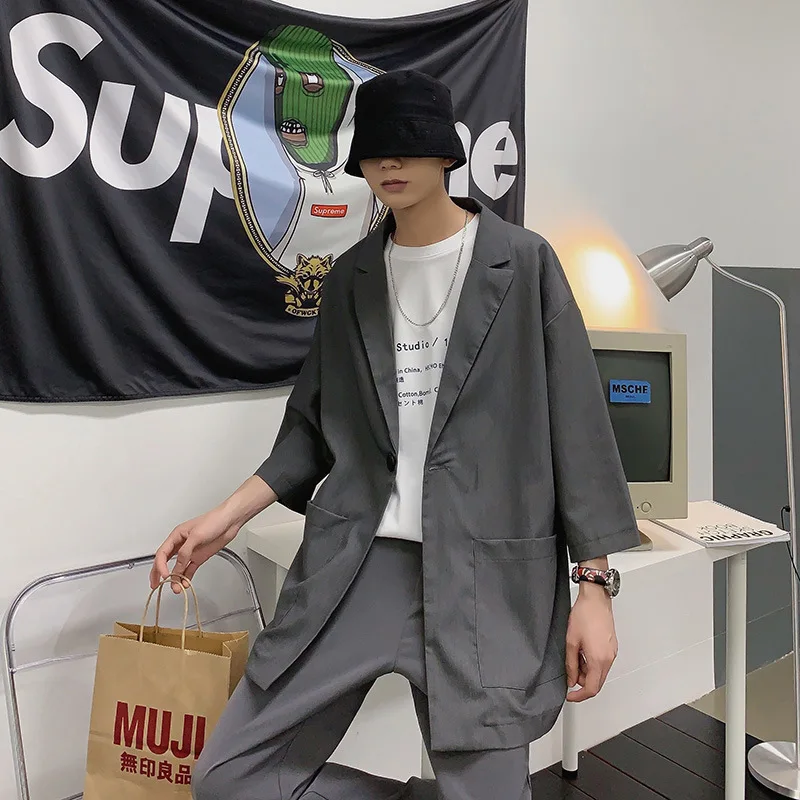 

Gray Black Summer Men's Three-Quarter Sleeve Thin Small Suit Jacket Trendy Casual All-Match Suit Single Row One Button Jackets