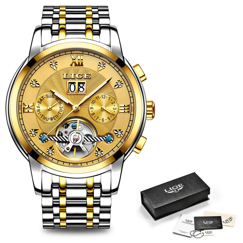 LIGE Mens Watches Top Brand Luxury Fashion Automatic Mechanical Watch Men All Steel Sport Waterproof Clock Relogio Masculino+Box - Цвет: All gold