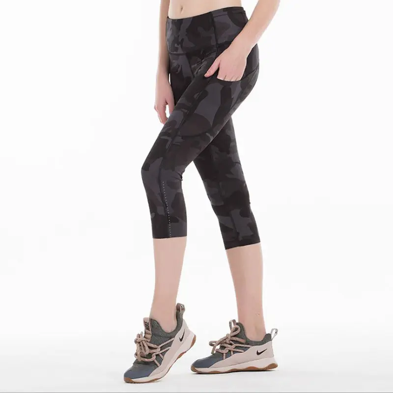 

Fitness Leggings Women Work Out Side Pockets Polyester Solid High Waist Trousers Elasticity Lady's Legging mid-calf pants K102B