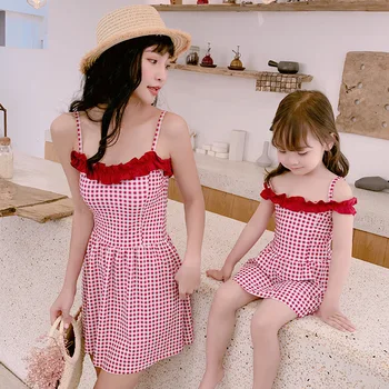 

Mommy and Me Lace Swimsuit One-piece Plaid Skirt Style Off Shoulder Slimming Dress Swimwear Mother Daughter Bikini Sets Dress