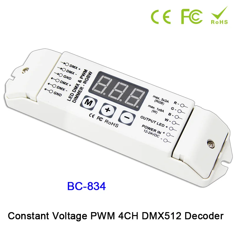 

BC-832/BC-833/BC-834 DC12V 24V CV PWM DMX512/1990 2CH 3CH 4CH LED decoder Controller for 5050 WW CW/RGB /RGBW led lamp strip