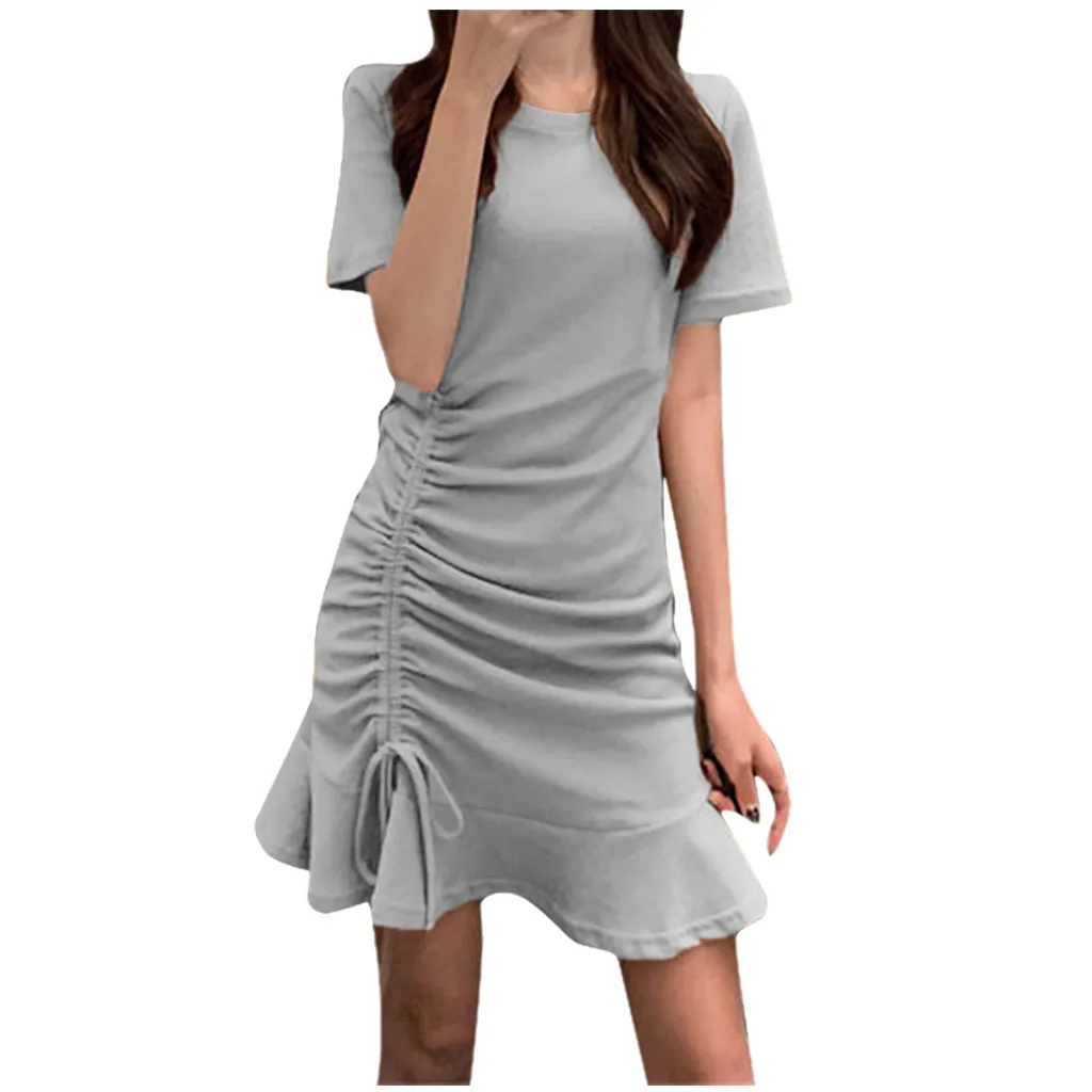 Jaycosin Fashion Summer Casual O-Neck Short Sleeve Elegant Women Summer Long Dress Ladies Slim Thin Solid Ruffles Knee Dress 319