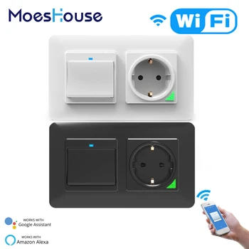 

2 Gang Smart WiFi Push Button Switch Socket DE EU Detachable Horizontal Smart Life Tuya Work with Alexa Google Home Black