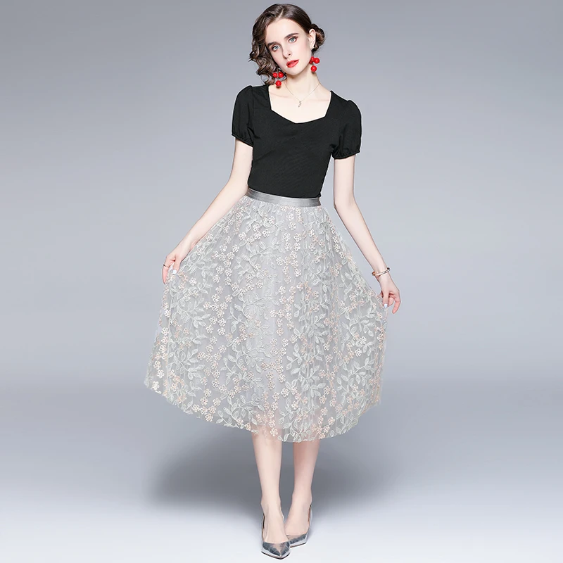 

Women Set Office Lady Lace A-LINE Mid-Calf V-Neck Women Summer Tops Shirts And Skirt Set COTTON Elegant Party 2021 New Set