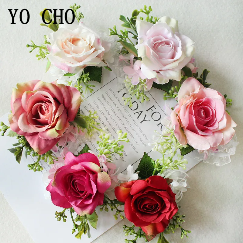 Yo Cho Fiore All'Occhiello Dello Sposo Spilla Spilli Da Sposa Polso Corsage Braccialetto Della Ragazza Artificiale Della Rosa Del Partito Di Promenade