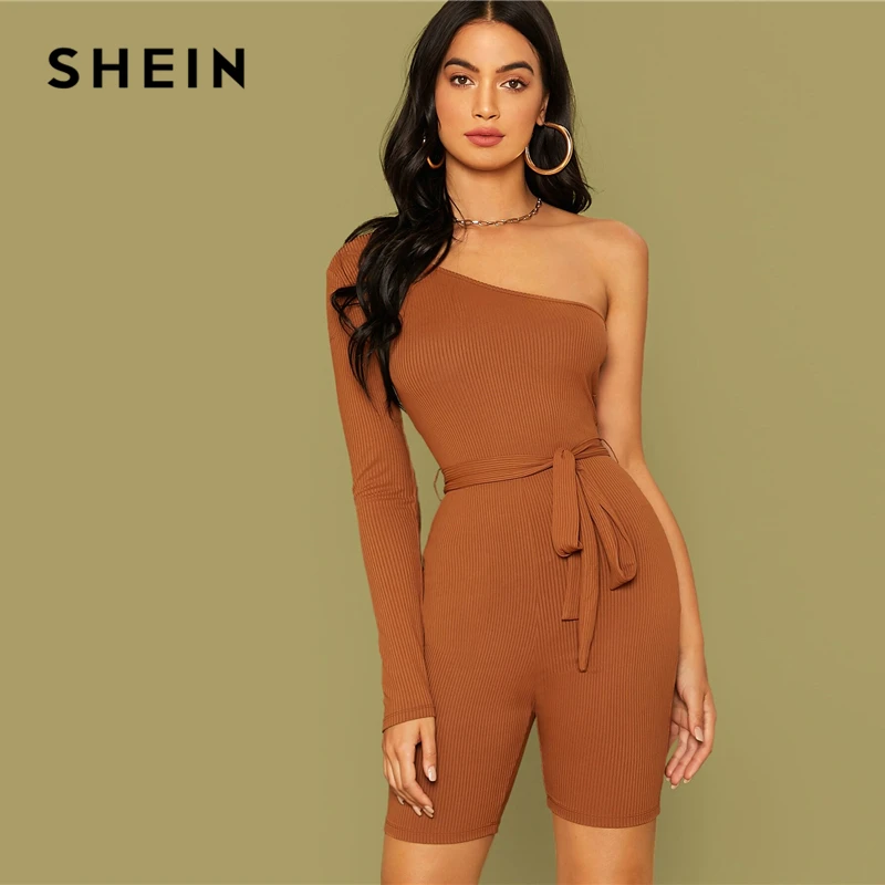 

SHEIN Brown One Shoulder Rib-knit Belted Cycling Romper Women Playsuit Autumn Solid Mid Waist Skinny Party Sexy Playsuits