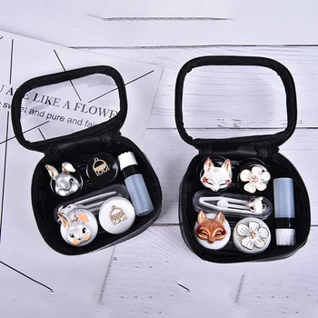 

Cute Contact Lenses Case For Women With Clear Bag Mirror Fox/Rabbit/Cat Lenses Container Holder Travel Kit
