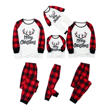 

2020 Christmas Pajamas Deer Plaid Autumn and Winter Printed Homewear Two-piece Parent-child Pajamas for Mother/Father/Kids