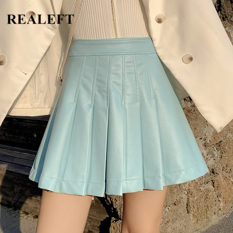 REALEFT/Новое поступление, Элегантные Осенние плиссированные Соблазнительные мини-юбки из искусственной кожи с высокой талией, однотонные короткие юбки-Скейтер, женские черные юбки